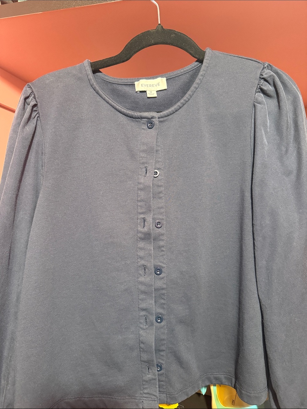 Evereve Dark Navy Button-Front Puff Sleeve Top